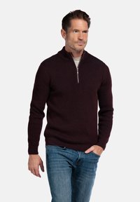Bordeaux gebreide trui met een hoge kraag en rits, gecombineerd met blauwe jeans. Nadruk op textuur en nauwsluitend ontwerp.