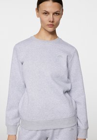 Ljusgrå sweatshirt i mjukt tyg, med rund halsringning och ribbade ärmslut. En subtil logotyp är tryckt på bröstet.