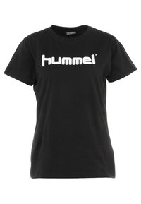 Camiseta de algodón negra con mangas cortas, que presenta un destacado logo blanco de "hummel" en el pecho. Diseño clásico de cuello redondo.