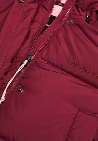 Close-up van een kastanjebruine winterjas met een gedeeltelijk open rits, voorzien van drukknoopjes en het borduurwerk "PeakPerformance" op de borst.
