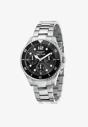 Orologio da uomo con bracciale in acciaio inossidabile e quadrante nero. Caratteristiche includono indici delle ore luminosi, sottodials del cronografo e una lunetta girevole.