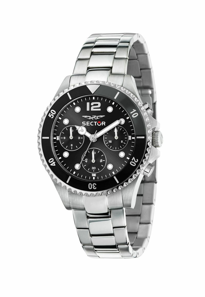 Orologio da uomo con bracciale in acciaio inossidabile e quadrante nero. Caratteristiche includono indici delle ore luminosi, sottodials del cronografo e una lunetta girevole.