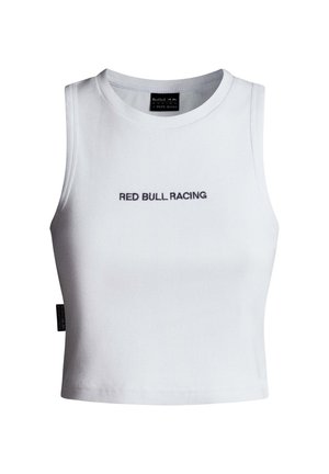 Biały, bezrękawnik z prążkowaną fakturą, krótkiego kroju, z haftowanym na czarno napisem "RED BULL RACING" na przednim środku.