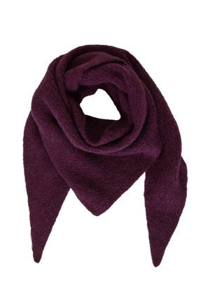 Écharpe triangulaire en laine violet profond, pliée et disposée en spirale lâche avec deux extrémités pointues visibles.