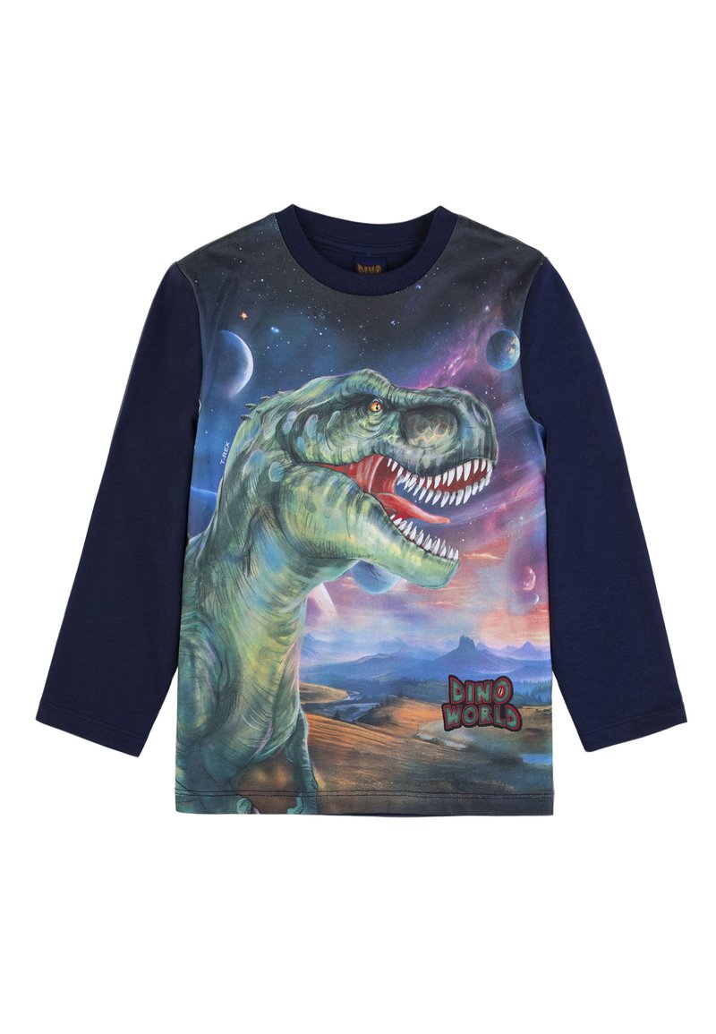 Maglietta a maniche lunghe blu navy con una grafica colorata di un dinosauro su uno sfondo cosmico, con il logo "DINO WORLD" nella parte inferiore.