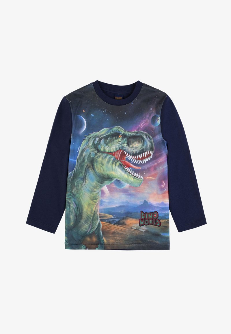 Langärmeliges Marineblaues T-Shirt mit einem bunten Dinosaurier-Motiv vor einem kosmischen Hintergrund, mit einem "DINO WORLD"-Logo am unteren Rand.
