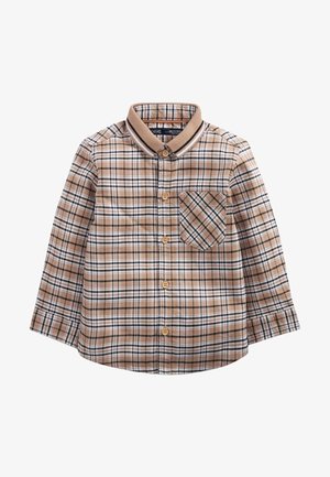 Chemise à manches longues à boutons à carreaux beige, blanc et noir avec un col beige présentant des rayures noires et blanches et une poche poitrine avant.