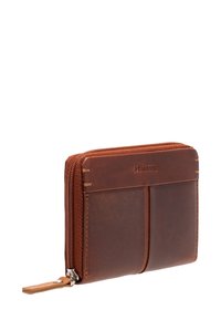 Brown leather wallet with a zip closure, featuring multiple card slots and a smooth texture. Stitched accents add detail to the design.