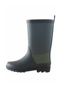 Botte de pluie en caoutchouc de couleur gris foncé et vert, avec une texture lisse, un bout arrondi et une semelle plate dotée d'un motif en relief pour une meilleure adhérence.