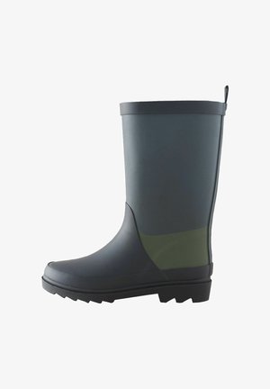 Stivale da pioggia in gomma grigio scuro e verde, con una texture liscia, punta arrotondata e suola piatta con un motivo a tasselli per una migliore aderenza.