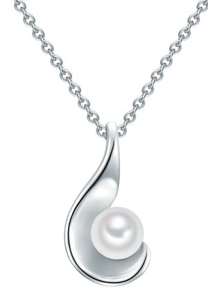 Silver pendant with a curved design, featuring a round, lustrous white pearl at the base. Chain has a classic link pattern.