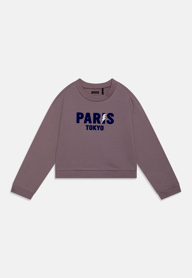Lilla avkortet sweatshirt med lange ermer. Har marineblå tekst "PARIS" og "TOKYO" trykt i midten. Glatt tekstur, ribbede mansjetter.