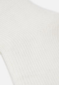 Chaussette en tricot blanc avec une texture côtelée et une finition douce et lisse. Le tissu semble léger et respirant, adapté à un port décontracté.
