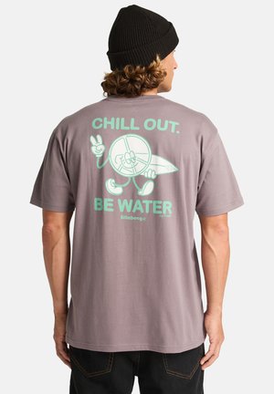 Gray cotton t-shirt featuring a mint green graphic on the back with the text "CHILL OUT. BE WATER" and a cartoon character holding a surfboard.