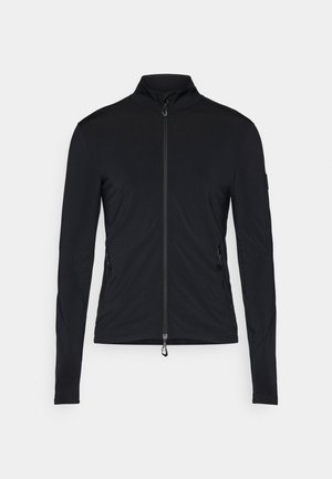 Black jacket with long sleeves, high collar, and a full front zipper. Features two zippered side pockets and a smooth, lightweight fabric.