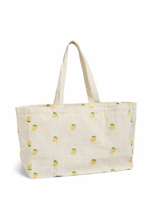 Beżowa torba na ramię z płótna z długimi uchwytami, ozdobiona rozproszonym wzorem małych żółtych cytryn z zielonymi liśćmi.