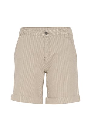 Beige striped shorts made of lightweight fabric, featuring a rolled hem, front pockets, and a button closure.