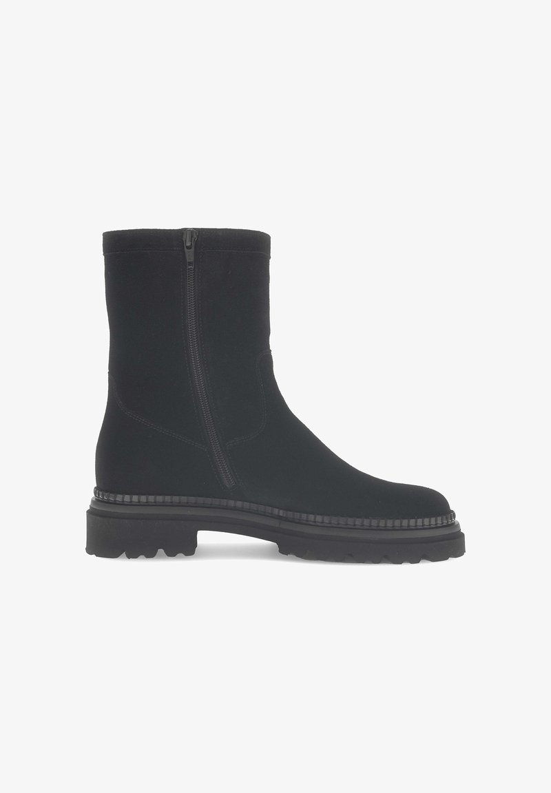 Black ankle boot with a smooth suede finish, side zipper closure, rugged sole, and ribbed detailing along the outsole.