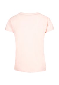 Helles rosa, kurzärmeliges T-Shirt mit Rundhalsausschnitt. Weiches Baumwollmaterial, gerade Schnittform und glatte Textur, von hinten betrachtet.