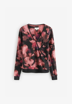 Pikendusega pullover erksa lillemustriga, kus on roosa, must ja lillatoon. Omab sügavat V-kaelust ja soonikstruktuuri.