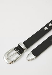 Black leather belt with a silver rectangular buckle, smooth texture, and metal accents, featuring snap-button details along the strap.