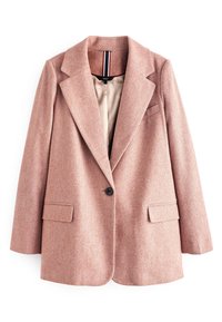 Růžový blejzr s vzorem hounds-tooth, s výrazným klopovým límcem, jedním knoflíkem, dvěma předními kapsami a béžovou podšívkou uvnitř.