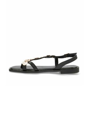 Sandalias de cuero negro con suela plana, con diseño de tira en forma de T y acentos de ferretería decorativa. Textura suave y estilo minimalista.
