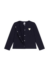 Cardigan blu navy, maniche lunghe, scollatura rotonda, con un cuore bianco ricamato sul petto sinistro e bottoni a pressione argentati.