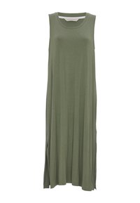 Robe sans manches, longueur genou, en vert olive, fabriquée en tissu doux. Présente des fentes latérales pour faciliter les mouvements et un col rond.