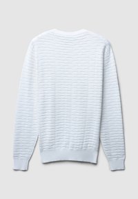 Maglione bianco lavorato a maglia con un motivo testurizzato a coste. Presenta un colletto rotondo e maniche lunghe. I polsini e l'orlo sono solidi.
