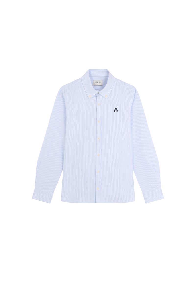 Camisa de manga larga a rayas azul claro con cuello abotonado y logo de calavera negra bordado en el lado izquierdo del pecho. Tela de algodón, corte estándar.