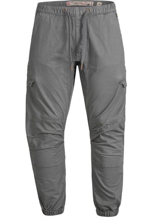 Pantaloni cargo grigi in tessuto leggero, con vita elasticizzata e coulisse, tasche laterali e polsini affusolati per una vestibilità comoda.