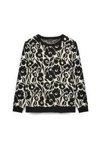 Maglione a maniche lunghe in bianco e nero con un audace motivo floreale e polsini, orlo e scollatura a coste nere.