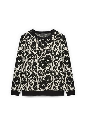 Zwart-witte trui met lange mouwen, voorzien van een opvallend bloemmotief en zwarte geribbelde boorden aan de manchetten, zoom en halslijn.