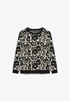 Zwart-witte trui met lange mouwen, voorzien van een opvallend bloemmotief en zwarte geribbelde boorden aan de manchetten, zoom en halslijn.