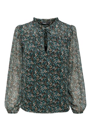 Blomstrete bluse i gjennomsiktig stoff, med mørkegrønn bunn og blå og hvite mønstre, med nøkkelhull-hals og lange puffede ermer.