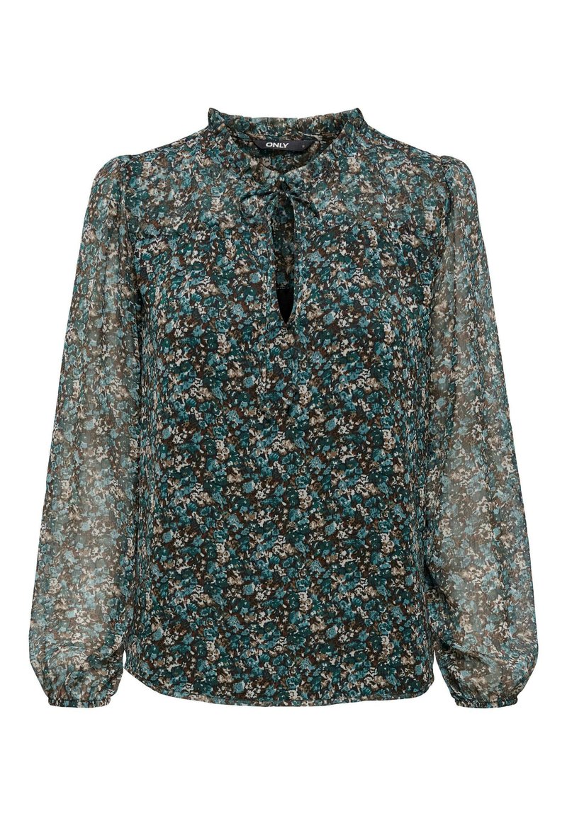 Blomstrete bluse i gjennomsiktig stoff, med mørkegrønn bunn og blå og hvite mønstre, med nøkkelhull-hals og lange puffede ermer.