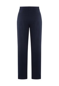 Pantaloni tailored blu navy con taglio dritto, due tasche posteriori e una texture liscia. Nessun decoro o motivo.