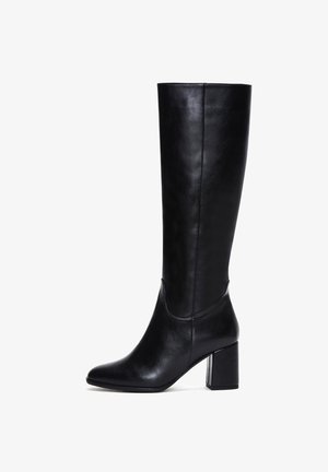 Knee-high black leather boots with a pointed toe and a square, block heel. Smooth texture with subtle stitching detail.