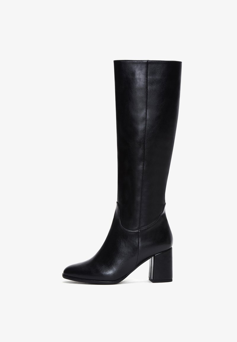 Knee-high black leather boots with a pointed toe and a square, block heel. Smooth texture with subtle stitching detail.
