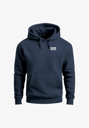 Navy blue hoodie with a large front pocket, drawstring hood, and white "NEVER LESS®" logo on the left chest. Made of soft fabric.
