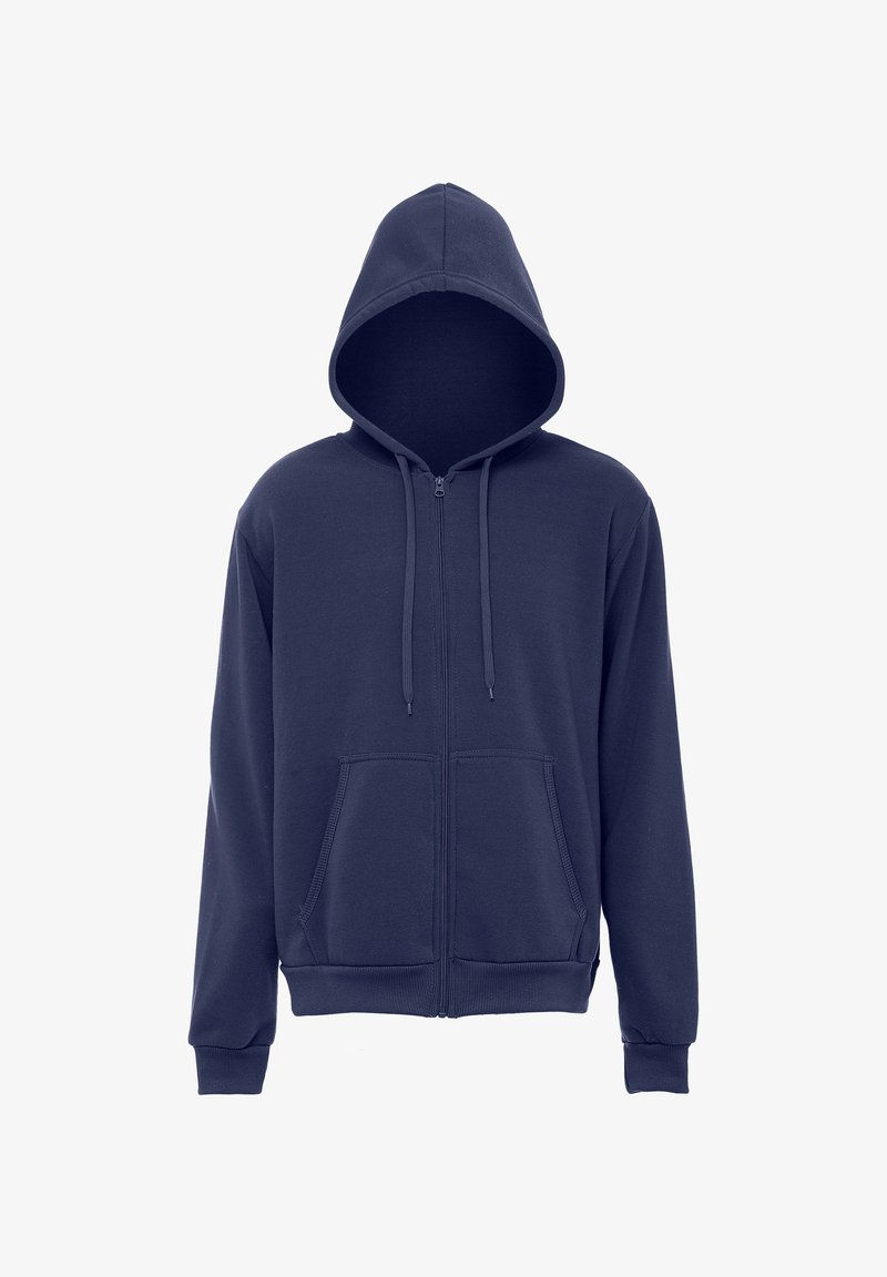 Sudadera con cremallera color azul marino, fabricada en algodón, que cuenta con una cremallera frontal, dos bolsillos laterales y capucha con cordón ajustable. Textura suave, diseño casual.