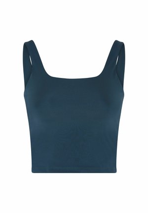 Maiou scurt fără mâneci, de culoare albastru închis, cu bretele late și decolteu pătrat.