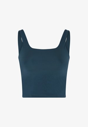 Tmavomodrý krátky tielkový top bez rukávov so širokými ramennými popruhmi a štvorcovým výstrihom.