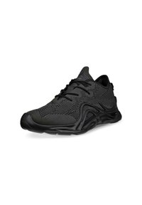 Black athletic shoe with mesh upper, textured pattern, cushioned sole, and rounded toe. Features laces and reinforced heel for support.