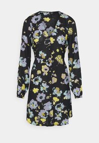 Vestido preto com um padrão floral em amarelo, roxo e teal. Mangas longas, decote em V e detalhe de fecho com botões à frente. Material leve.