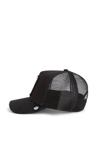 Black cap with a solid front and mesh back. Features a curved visor, adjustable strap, and a small logo patch on the side.
