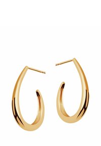 Złote kolczyki w kształcie obręczy w formie kropli, z gładkim wykończeniem i subtelnym, zakrzywionym akcentem z jednej strony.