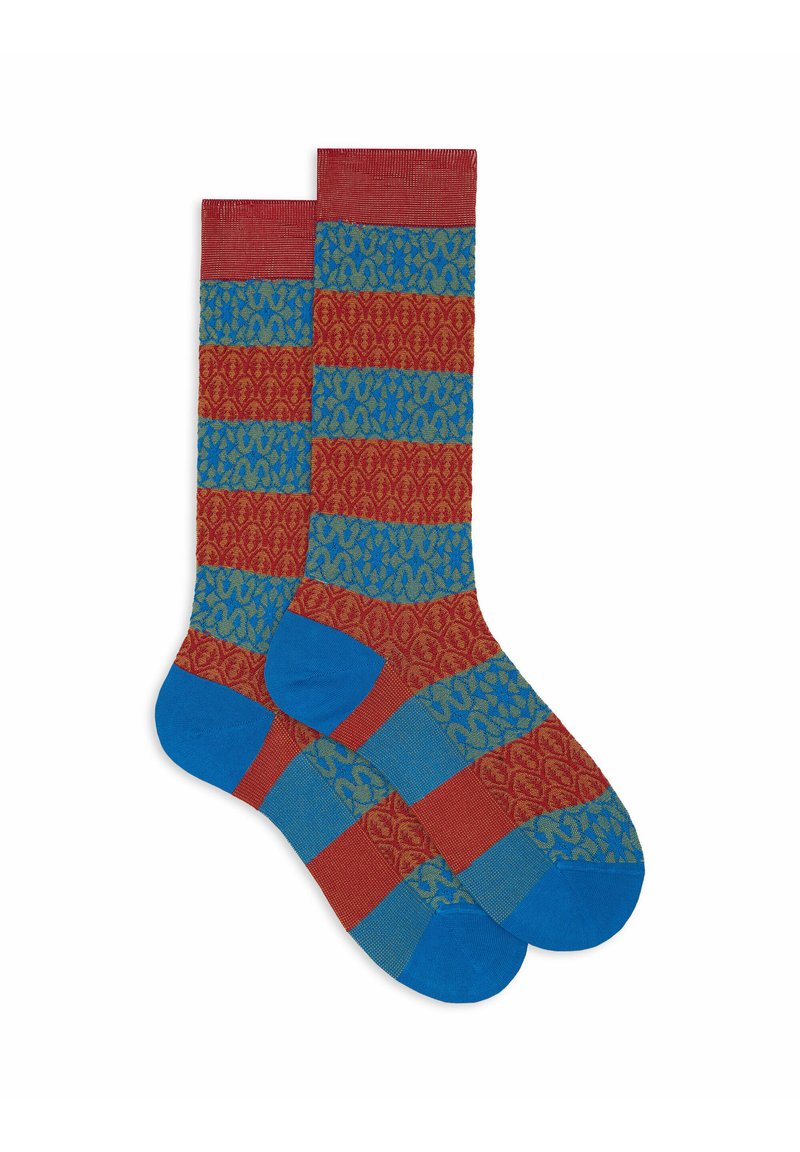 Red and blue patterned socks featuring vertical stripes. The design includes textured green accents in a repeating motif. Made from soft material.