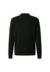 Schwarzer Strickpullover mit Kragen und langen Ärmeln. Glatte Textur, gerippte Bündchen und Saum, minimalistisches Design. Rückansicht dargestellt.